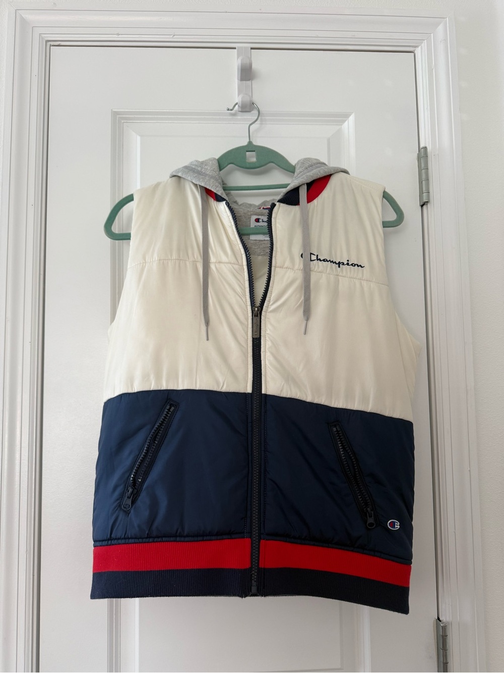 Champion Cream, Navy & Red Hooded Puffer Vest